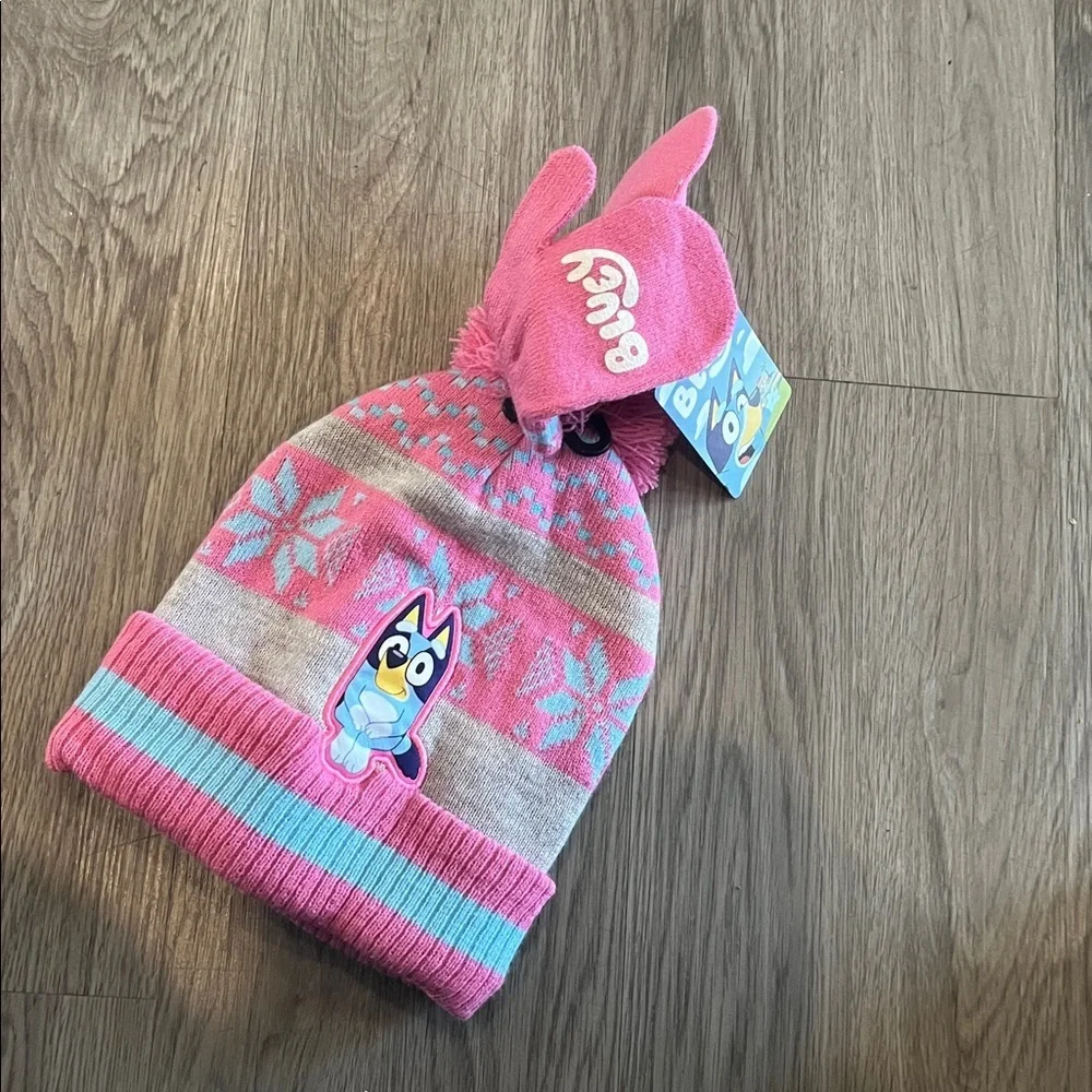 Bluey Pink and Gray Snowflake Hat with Mittens